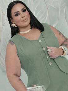 Women's Set: Vest With Button Closure And Pants With Elastic Waistband - 橄欖綠 - 查看 1