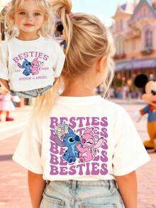 Disney Girls' T-Shirt, Creative Angel And Stitch Alphabet Cartoon Double-Sided Print, Summer Girls' Cotton Crew Neck Short Sleeve, Suitable For Everyday Wear, Vacations, Outdoor Activities, And As A Gift For Children. - 白色 - 查看 1