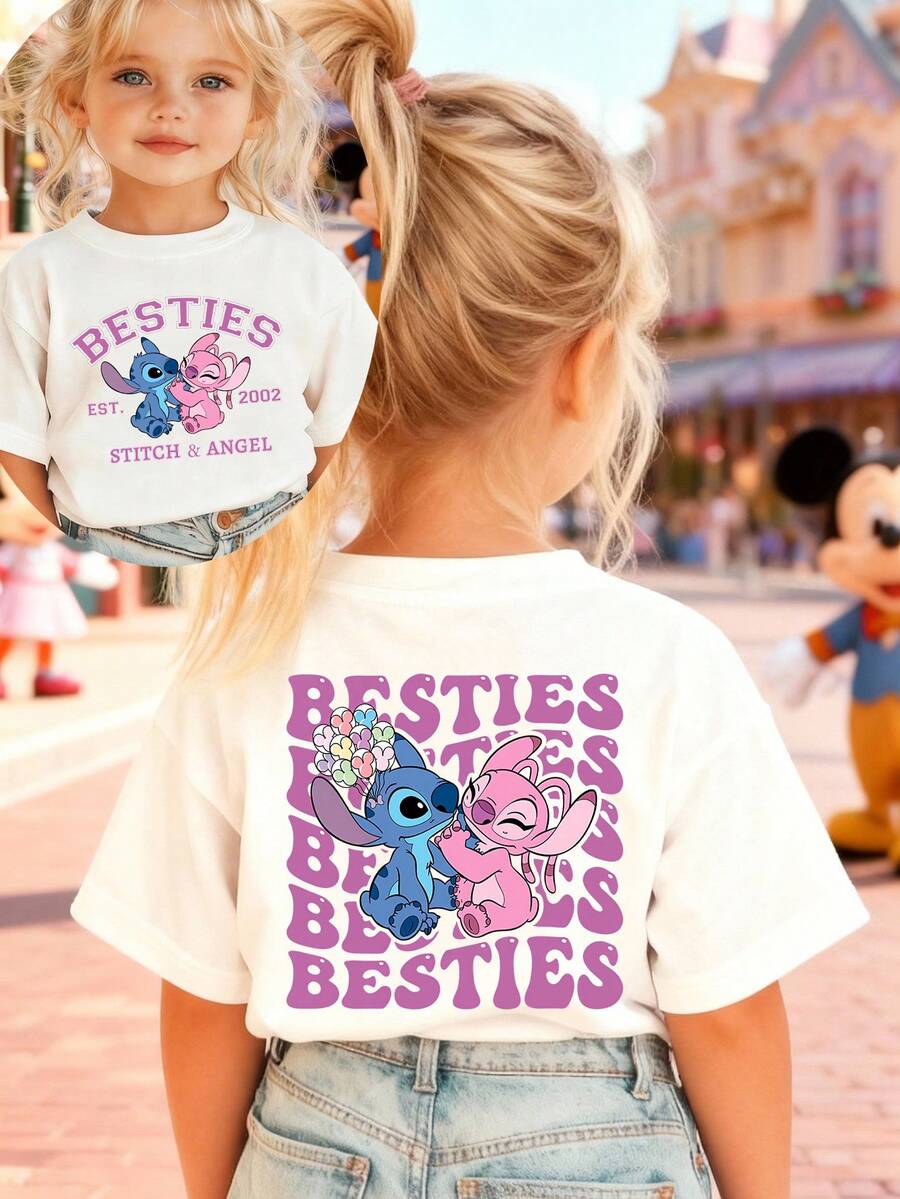 Disney Girls' T-Shirt, Creative Angel And Stitch Alphabet Cartoon Double-Sided Print, Summer Girls' Cotton Crew Neck Short Sleeve, Suitable For Everyday Wear, Vacations, Outdoor Activities, And As A Gift For Children. - 白色 - 查看 1