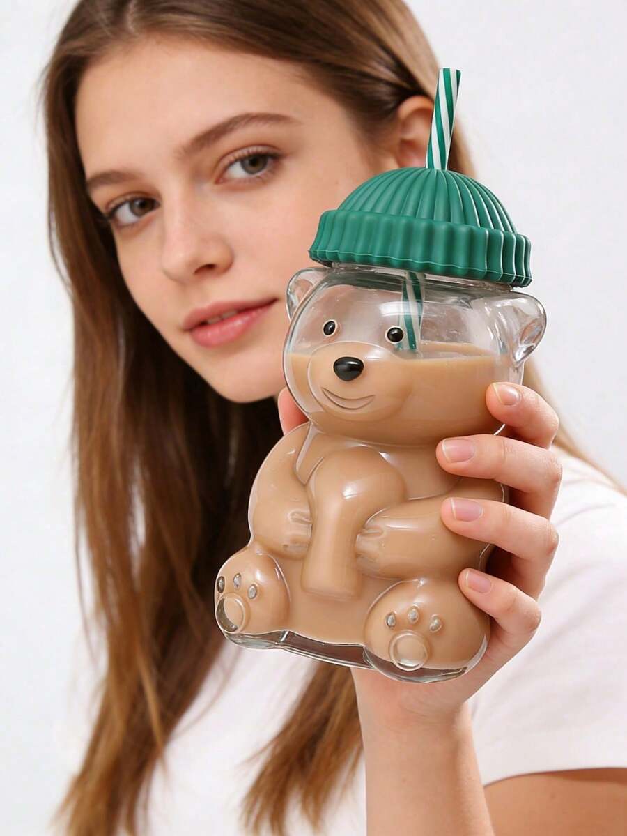 1个熊形玻璃吸管杯，带盖，透明，高档果汁/冷饮/咖啡杯，居家/办公情人节礼物 - 彩色 - 查看 1