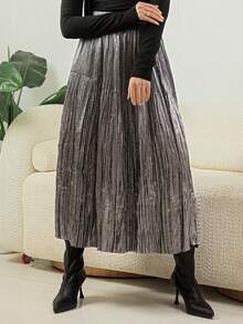 Livesso Women's Metallic Pleated Mid-Length Skirt - Grey - View 3