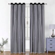 2 Panels Black Blackout Curtains With Star Cutouts, Solid Color Curtains With Lace Voile Layers, Suitable For Bedroom, Living Room - Black - View 19