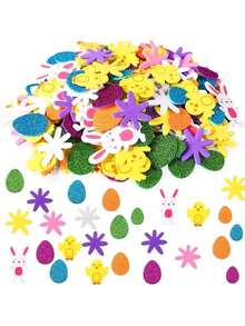 120 piezas/Paquete Pegatinas de espuma de conejo con brillo de Pascua, Pegatinas de espuma de Pascua, Pegatinas de primavera, Empaque a granel colorido, Pegatinas de huevos, conejos, polluelos y flores, Adecuado para manualidades, tarjetas de felicitación, decoración del hogar y suministros de Pascua - Multicolor - Ver 11