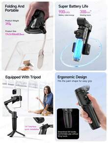 AXNEN M05 三轴手持云台，具备 AI 人脸追踪和可调节补光灯功能 - 可伸缩自拍杆，无线遥控，适用于 Vlog/直播/摄影工作室，兼容智能手机 - 黑色 - 查看 11