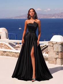 亮片心形领口网眼拼接高腰长腰带开衩下摆礼服，适合舞会、聚会、晚会 - 黑色 - 查看 1