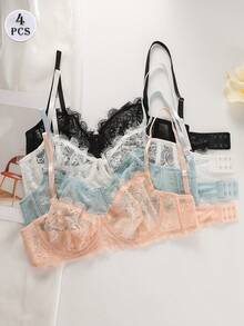 4件装蕾丝无衬垫优雅时尚文胸，夏季文胸，法式风格，性感文胸，睡眠文胸，蕾丝无衬垫文胸，钢圈文胸，透气舒适，适合居家、日常、情人节、叠穿。[适合小胸女性][尺码偏小，建议选大一码] - 彩色 - 查看 3