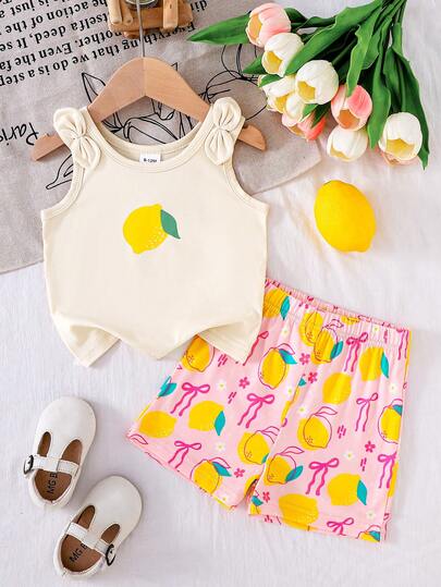 2pcs Baby Girl Summer Outfit: Lemon Print Camisole Top + Pink Floral Print Shorts, Cute & Fresh