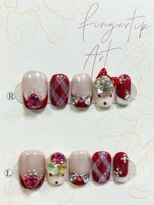 10 Pieces Sweet Cute Bow Diamonds Short Handmade Press On Nails Plaid Polka Dot Red French Nail Art Christmas Fake Nails New Year Gifts Nail Supplies (1 Sheets Jelly Stickers+1PC Nail File) - Red - View 4