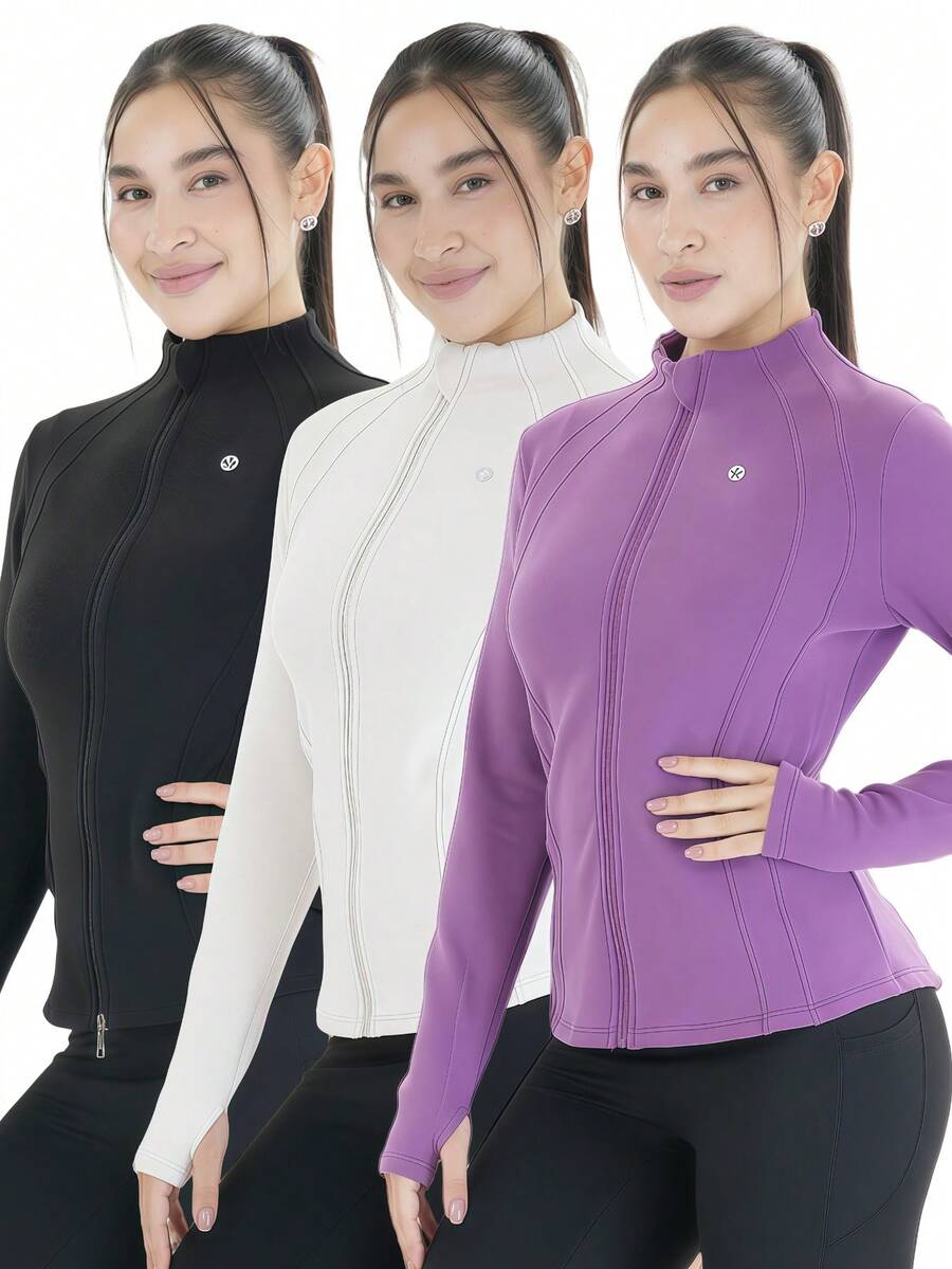3-Piece Women's Sports Jacket With Thumb Hole, Small Stand Up Collar, Streamlined Long Sleeved Jacket With Pull Pockets, Low Impact Sports Yoga For Daily Casual Wear In Spring, Autumn And Winter - 彩色 - 查看 1