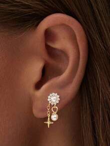 1件S925纯银个性化向日葵珍珠星星流苏耳钉，优雅日常佩戴饰品，节日礼物 - 金色 - 查看 6