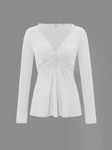 Áo dệt kim dài tay màu trắng dành cho nữ mùa hè, cổ chữ V gợi cảm, thiết kế bèo nhún cài nút, dáng ôm eo. - trắng - Xem 4