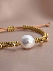 1pc 18K Gold Plated Natural Pearl Adjustable Braided Casual Bracelet, Gift For Mother's Day, Valentine's Day, Birthday - Yellow - View 2