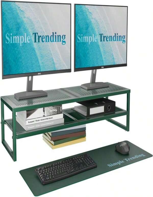 Soporte elevador de metal de 2 niveles para 2 monitores, organizador de escritorio de oficina para computadora con alfombrilla para mouse de 32"X10" para laptop, impresora, TV, verde