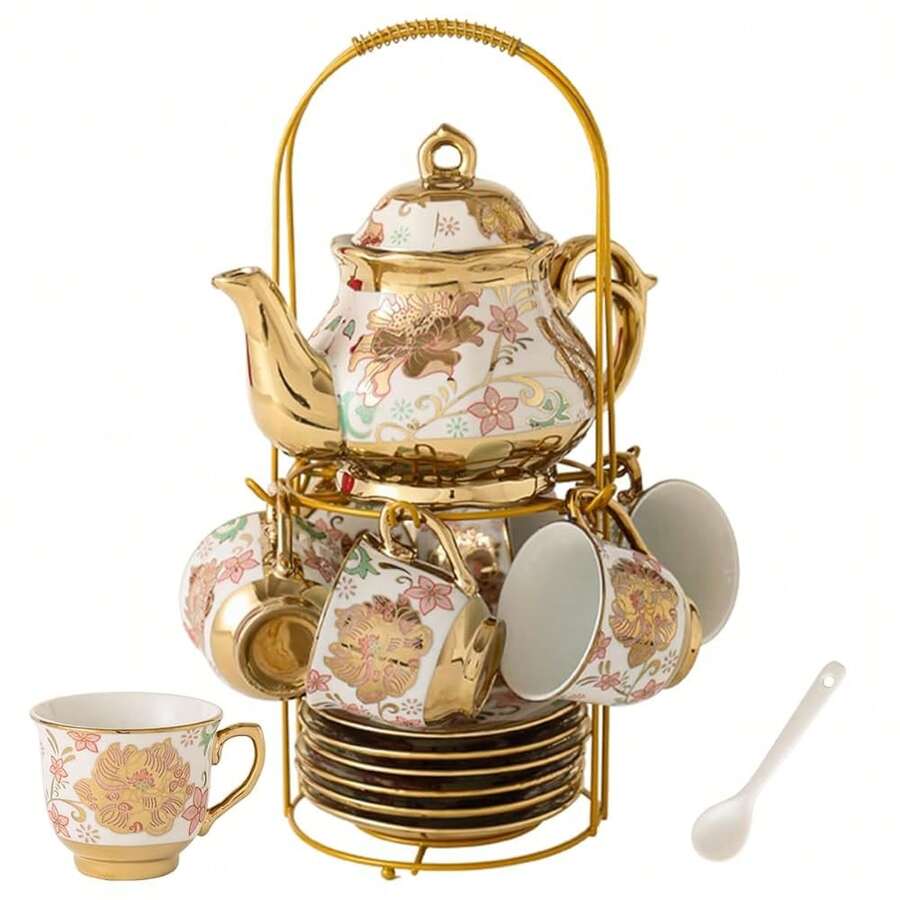 CHANJOON Gold Plated Red Rose Ceramic Tea Set, Vintage Tea Sets With Teapot, Beautiful Tea Set Coffee Serving 6 People (Pink, Medium) - 粉色 - 查看 1