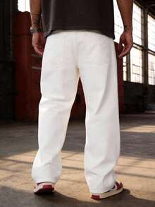 Men's White Loose Fit Casual Straight Leg Jeans, Versatile Minimalist Style Suitable For All Seasons - White - View 3