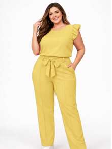 Elegant Plus Size Social Set In Dune Crepe, Casual Style With Drawstring Pockets, For Office Or Home. - 黃色 - 查看 4