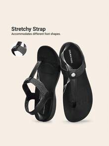 Women's Arch Support T-Strap Sandals Comfortable Orthotic Flat Sandals Thong Sandals For Casual Summer Walking - Tất cả màu đen - Xem 2
