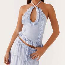 Y2k Ruffle Long Skirt Sets For Women 2 Piece Outfits Summer Ruched Backless Cami Top Matching Boho Maxi Skirt Set - 藍色-A - 查看 4