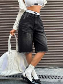 Women's Non Stretch Denim Wide Leg Shorts In Casual Black, With Pockets And Zippers - Black - View 4