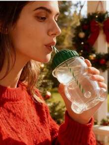 1个熊形玻璃吸管杯，带盖，透明，高档果汁/冷饮/咖啡杯，居家/办公情人节礼物 - 彩色 - 查看 3