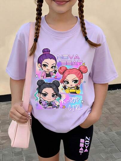 Ensemble 2 pièces fille : T-shirt à col rond à manches courtes avec motif de 3 filles mignon et dessin animé + leggings/shorts imprimés de lettres colorées, nouveau pour le printemps/été