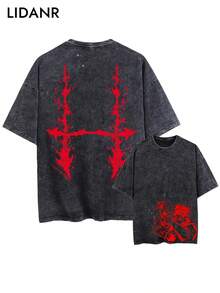 LIDANR 1PC Elegant Unisex Vintage Washed Oversized Black Tshirt| Short Sleeve Tees With Red Flame Cross Dragon Choso Graphic, Crew Neck, Slight Stretch Fabric, Loose Fit, All-Season Wear Mens Clothes Shirts - 黑色 - 查看 2