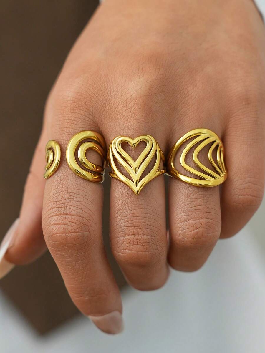 3pcs/Set Vintage Thick Women's Gold Stainless Steel Ring Set, 18k Gold Plated Stackable Rings, Adjustable Statement Rings - Gold - View 1