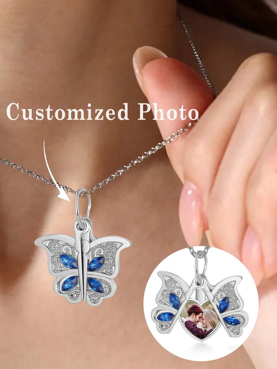 1pc Customizable Butterfly-Shaped Openable Photo Frame Necklace, Can Add Custom Photo, Personalized Elegant Photo Frame Necklace, Jewelry Gift For Girls/Moms/Wives - Silver - View 1