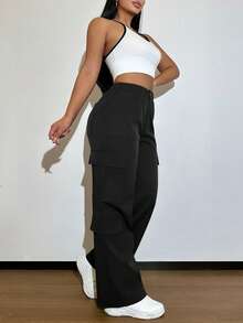 Black Multi-Pocket Buttoned Casual Y2K Leisure Elegant And Cute Work Pants. Suitable For Back-To-School, Clubs, Birthday Parties, Halloween, New Year, Thanksgiving, Concerts, Gyms, Beaches, Vacations, Business, Daily Airport Wear, Street Style, Teacher's Day, Spring, Summer, Autumn And Winter. - Black - View 11