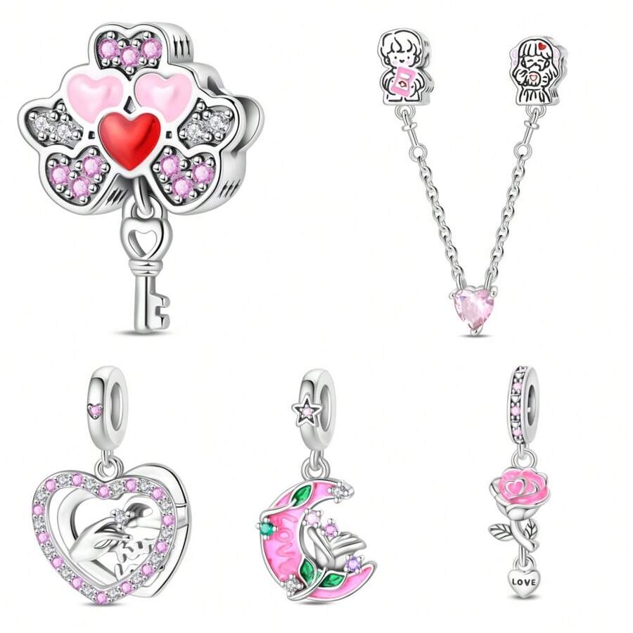 1 情人节系列 - 玫瑰爱心气球月亮安全链吊坠，适用于 3mm 原装手链 DIY 串珠手链，女士时尚饰品，节日生日礼物 - 彩色 - 查看 1