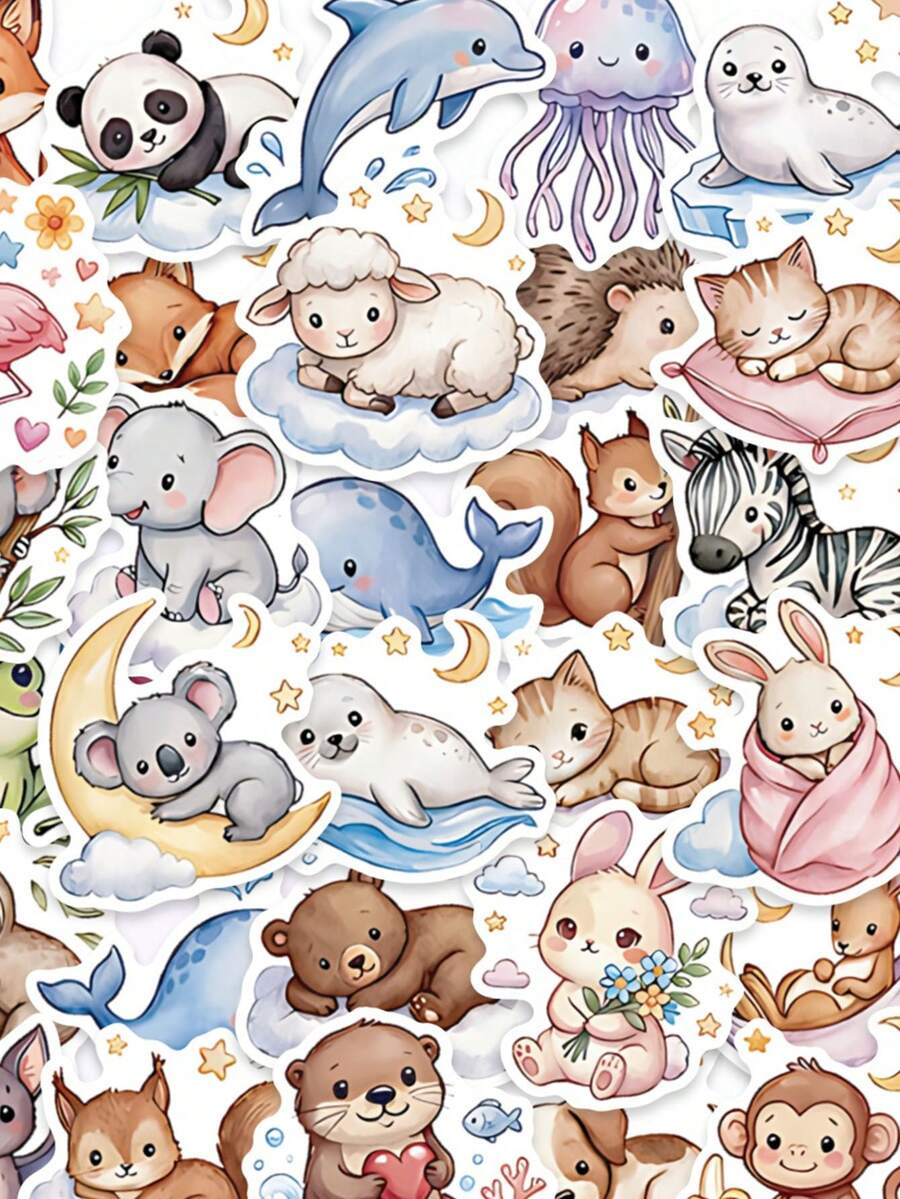 50pcs Cute Animal Adventure Stickers - Adorable Land And Sea Creatures Holding Heart Shapes, Waterproof Stickers Suitable For Diaries, Albums, And Phone Cases, Great Gift For Teens And Students - Multicolor - View 1