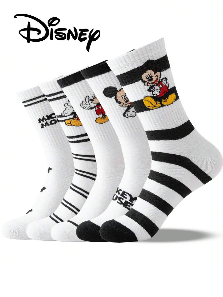 1/5 Pairs Authentic Disney Men's Socks With Cute Mickey Family Embroidery, Spring/Summer Style, Black And White Character Cartoon Embroidered Mid-Calf Socks, Novelty Fun Socks For Men And Women, Suitable For Any Occasion, High-Quality Gift Socks - Multicolor - View 1