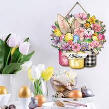 1pc Happy Easter Door Sign Easter Bunny Egg Wooden Door Decor Floral Spring Hanging Door Sign Bunny Rabbit Sign For Easter Spring Party Indoor Outdoor Home Decorations - Multicolor - View 2