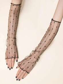 1 Pair Lace Gloves With Wavy Dots And Golden Line Decor, Suitable For Women, Fit For Daily Decoration, Party, Halloween And Wedding - Black - View 2