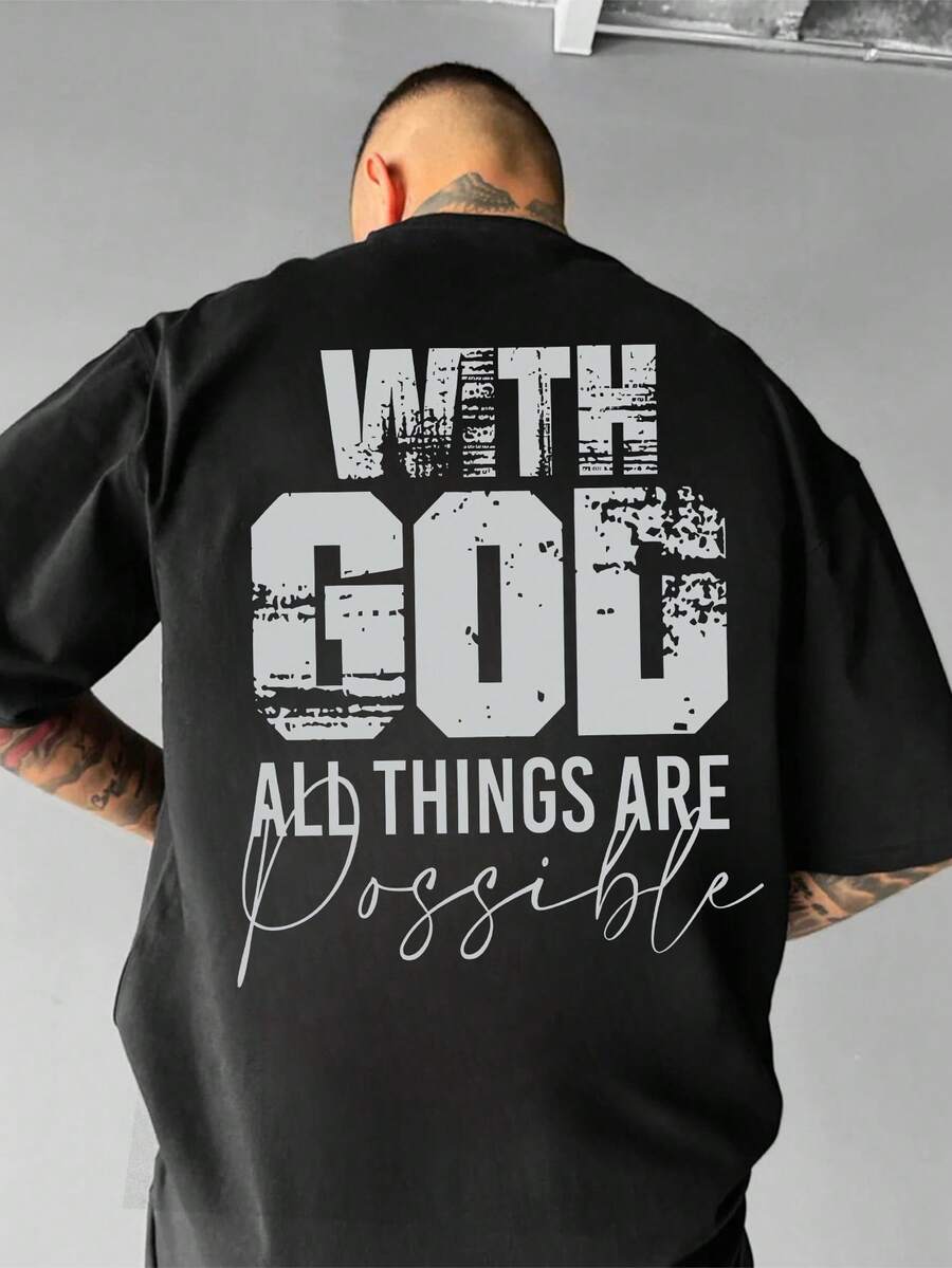 男士夏季时尚简约街头标语印花圆领短袖T恤 | 百搭街头休闲T恤，男友/老公礼物 - 黑色 - 查看 1