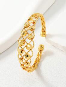 1 pieza Brazalete de rejilla hueca chapado en oro de 24K con cuentas, mejor regalo para familiares y amigos durante el Ramadán - Amarillo Oro - Ver 6