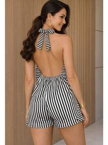 Elegant Women's Jumpsuit, One-Piece Design, Tie Neckline, Open Back, Duna Fabric, Summer Fashion Romper - 黑色條紋 - 查看 2