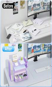 Gianotter Desk Organizers And Accessories With File Holder, 4-Tier Desk Accessories &Amp; Workspace Organizers With Drawer And 2 Pen Holder, Paper Organizer For Office Supplies (Purple) - ColorG - 查看 2