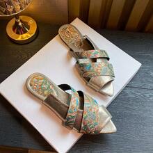 女士复古平底凉鞋，尖头，撞色设计，户外休闲度假凉鞋，春夏穿搭 - 淺金色 - 查看 8