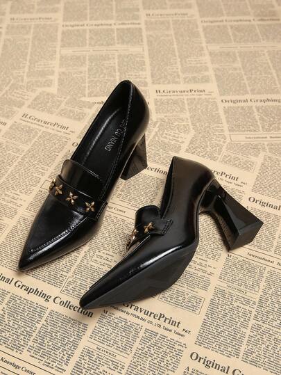 2026 Spring New Women's Shoes, Pointed Toe Fashion Elegant Retro Leather Shoes, Floral Decor, European And American Style Chunky Heel Mule Shoes, Casual Commute Slimming Chic Black & Burgundy