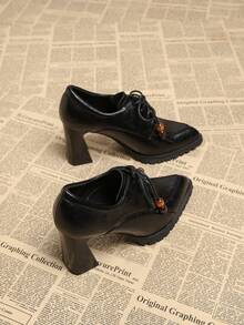 2026 Spring New Women's Shoes, Pointed Toe Fashion Elegant Retro Beaded Bow Tie Leather Pumps, Chunky Heel Mule Shoes, Casual Commute Slimming Chic Black, Burgundy - Black - View 6