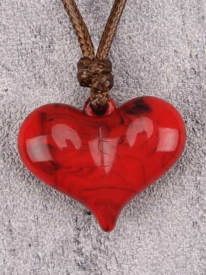 1pc Fashionable Glamorous Red & Blue Heart Shaped Resin Pendant Necklace, Brown Wax Cord Long Necklace, Valentine's Day Party Gift For Girlfriend, Best Friend, Boyfriend