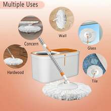 Floor Spin Mop And Bucket Set With System Extended Stainless Steel Handle 61"For Home Floor Cleaning Use With 5 Replacement Head Refill And 1 Cleaning Brush Head - A - Xem 5