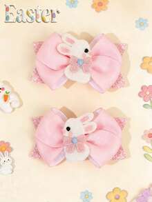 2pcs/Set Girls Easter Rabbit Hair Clips, Glitter Rabbit Hair Clips, Embroidered Bow Hair Clips, Cute Sweet Style Hair Accessories, Easter Holiday Gift, Party Hair Decor, Suitable For Teens - Multicolor - View 1