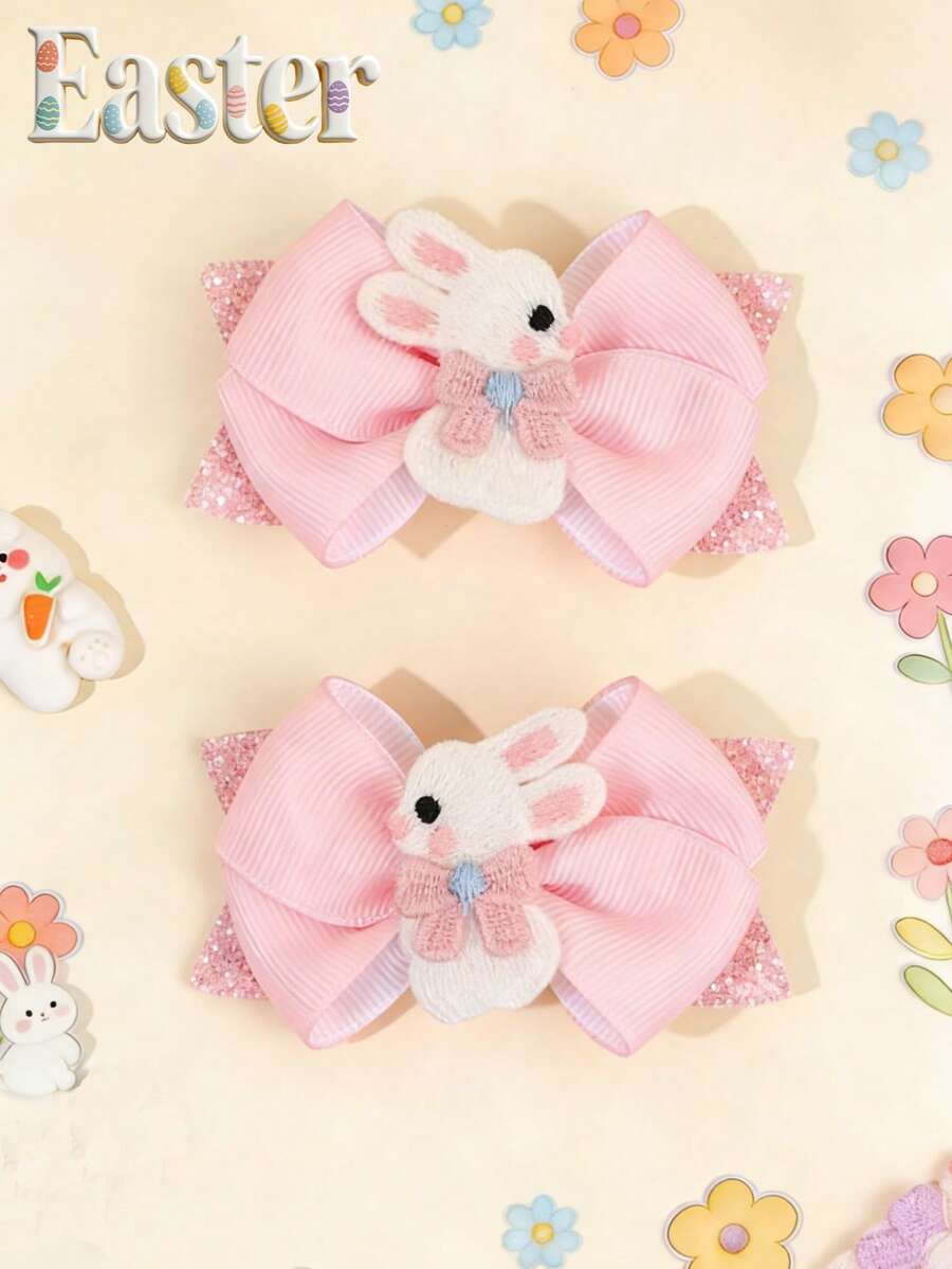 2pcs/Set Girls Easter Rabbit Hair Clips, Glitter Rabbit Hair Clips, Embroidered Bow Hair Clips, Cute Sweet Style Hair Accessories, Easter Holiday Gift, Party Hair Decor, Suitable For Teens - Multicolor - View 1