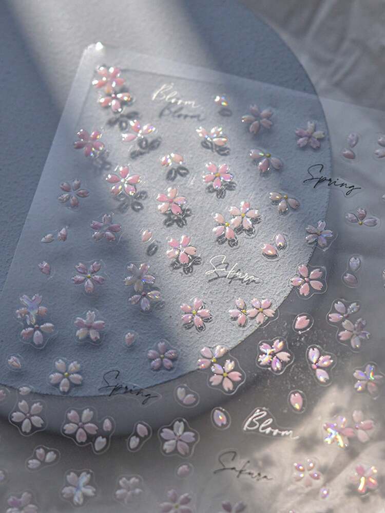 1pc 3D Embossed Nail Sticker, Romantic Sakura Flower, Seashell, Floral Nail Art Decals, Self-Adhesive Decorative Stickers - Pink - View 3