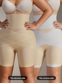1pc Women High Waist Criss-Cross Girdle Seamless Tummy Control Butt Lifter Shapewear Shorts, Plus Size - Apricot - View 2