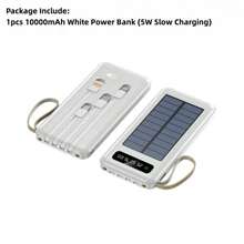 快充整合線便攜式電源 10000mAh 5W 慢充多功能太陽能板行動電源，大容量可充電便攜式手機充電器，內建 4 合 1 可拆卸線，4 種模式超亮手電筒，戶外旅行必備電池組，隱藏式手機支架，陣亡將士紀念日，畢業季 - 白色 - 查看 9