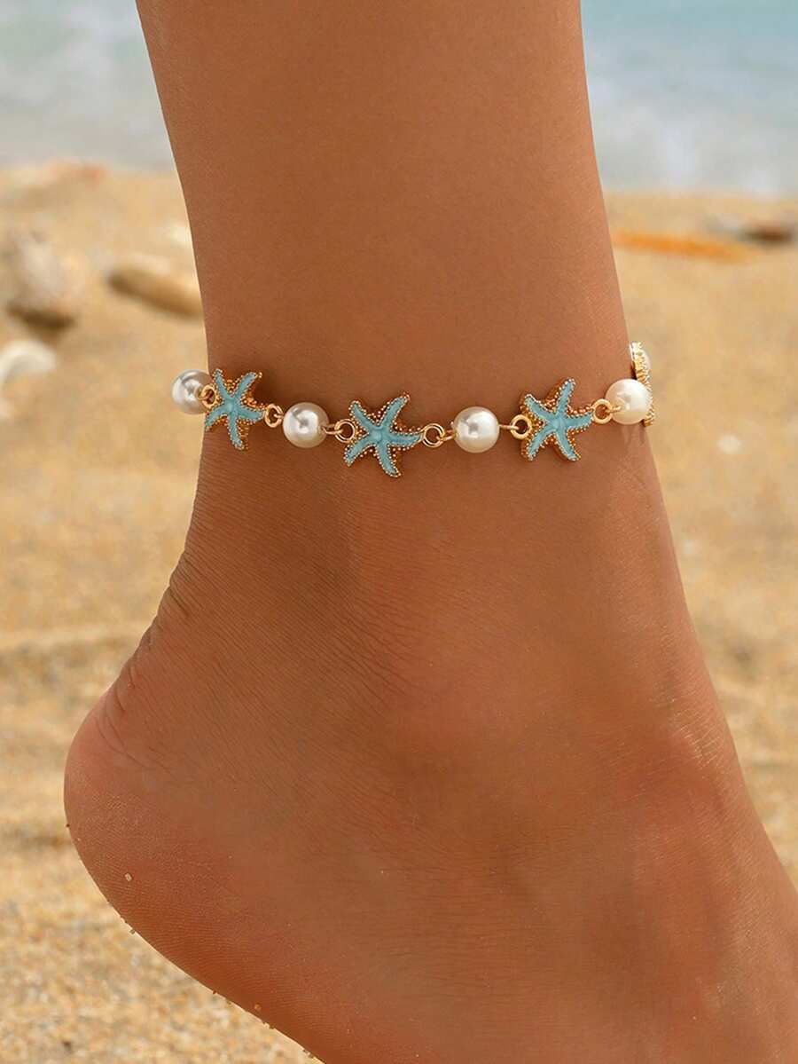 1pc Handmade Jewelry Anklet, Featuring Alloy Enamel Shiny Blue Starfish Paired With Classic Faux Pearl, Fashionable And Versatile For Daily Wear, Beach Party, Date, Travel - Multicolor - View 1