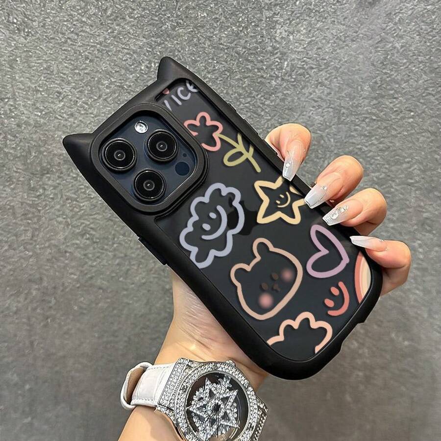 スマホケース：猫耳耐衝撃性スマホケース、ペイントされたスマホケース、を使うに適したスマホケース、 17 ProMax、16 Plus、15、14、13、12と互換性のあるスマホケース - ブラック - チェックする 1
